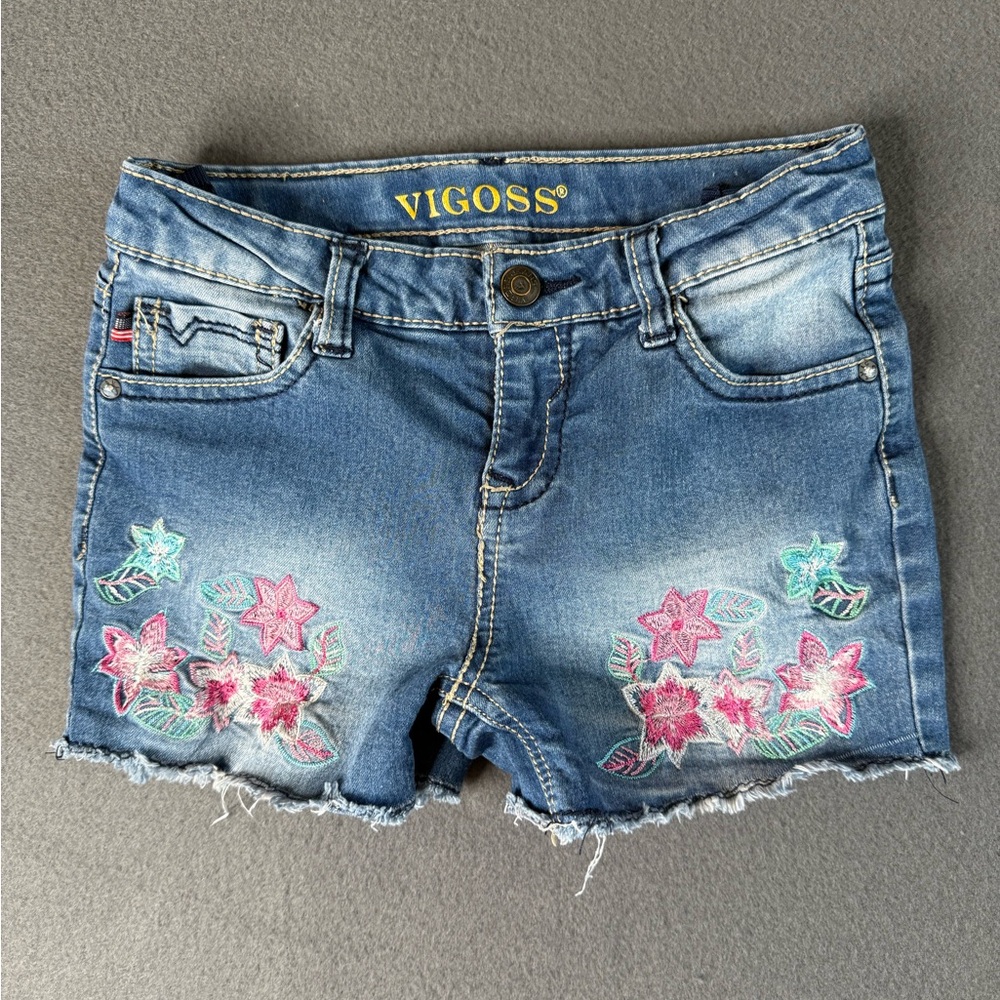 Vigoss Girls Blue Jean Shorts with Pink Floral Embroidery